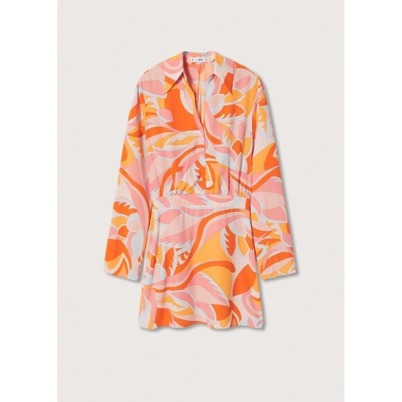 MANGO Orange Pink Abstract Scarf Printed Crepe Mini Shirt Dress, Size 4 - Picture 4 of 15